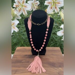 Pink Rhodonite Beaded Necklace with Vintage Gold Accent Metal Beads and Tassel